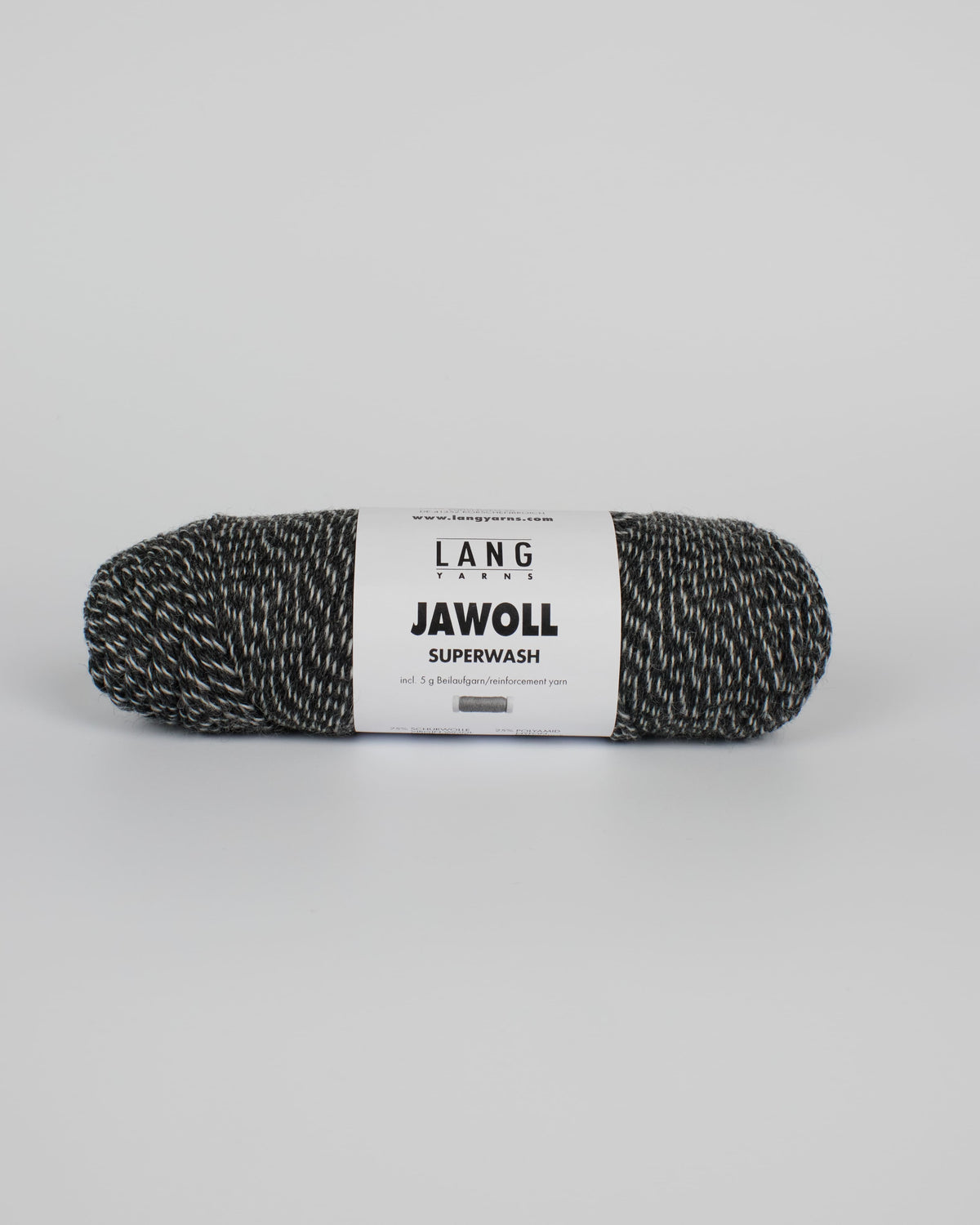 A black and grey twist ball of yarn on a white background
