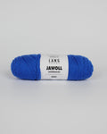 A royal blue ball of yarn on a white background