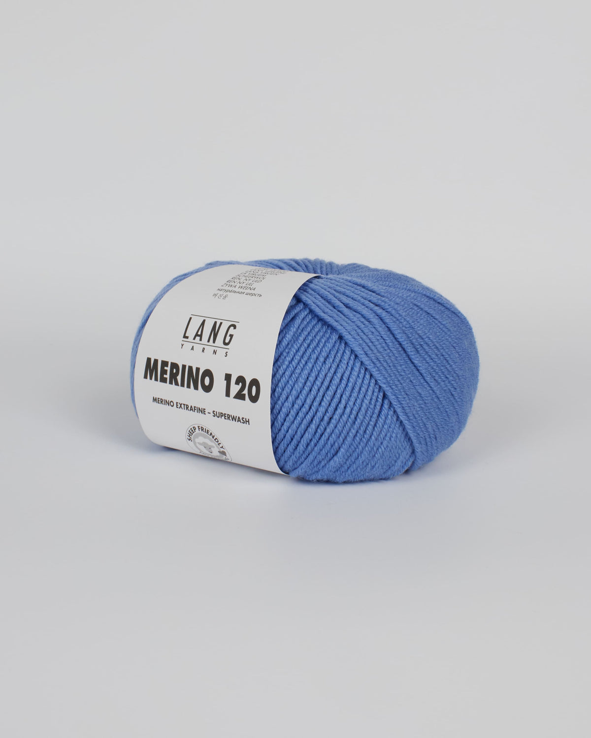 A cornflower blue ball of yarn on a white background