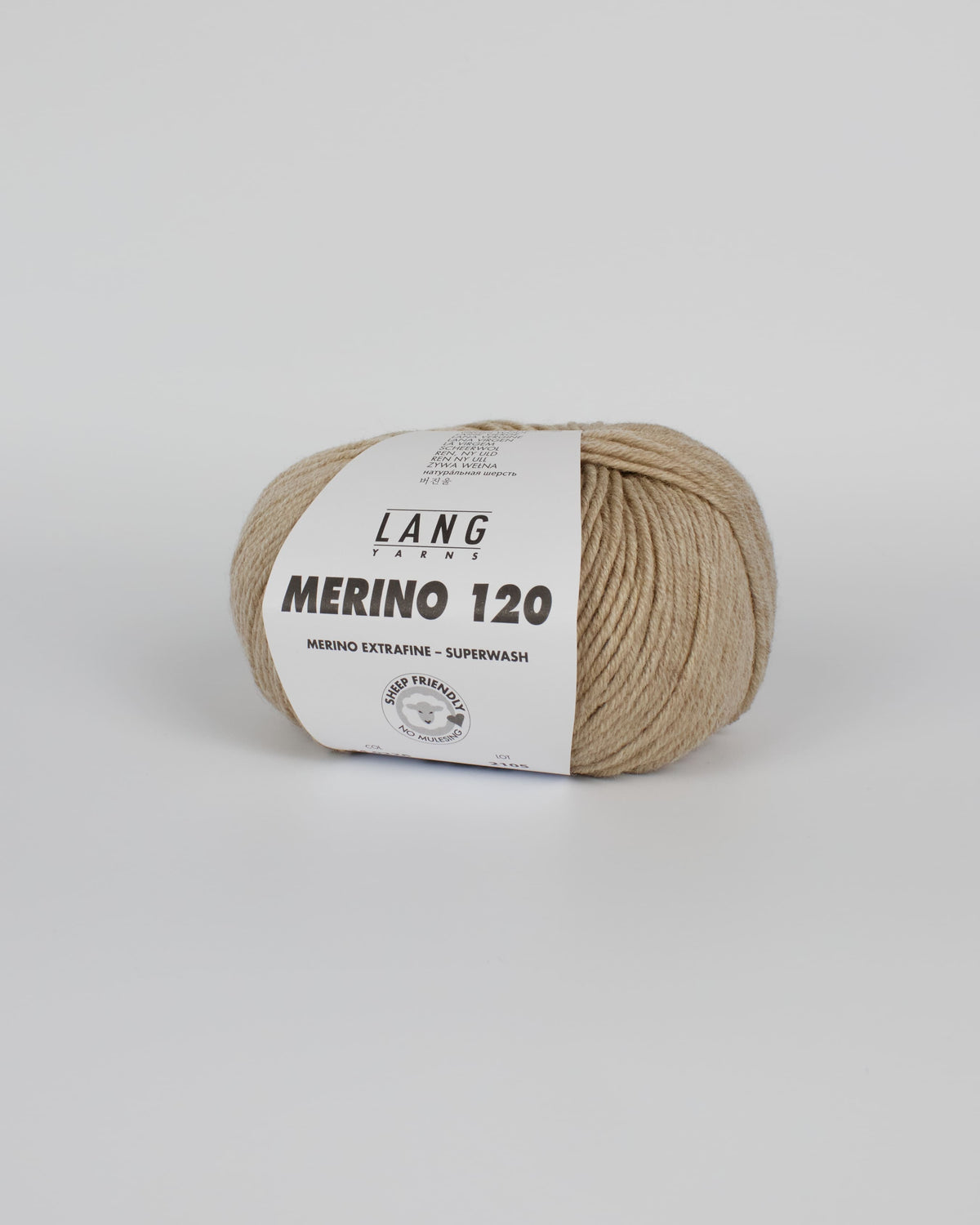 A beige ball of yarn on a white background