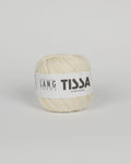 An off white ball of yarn on a white background