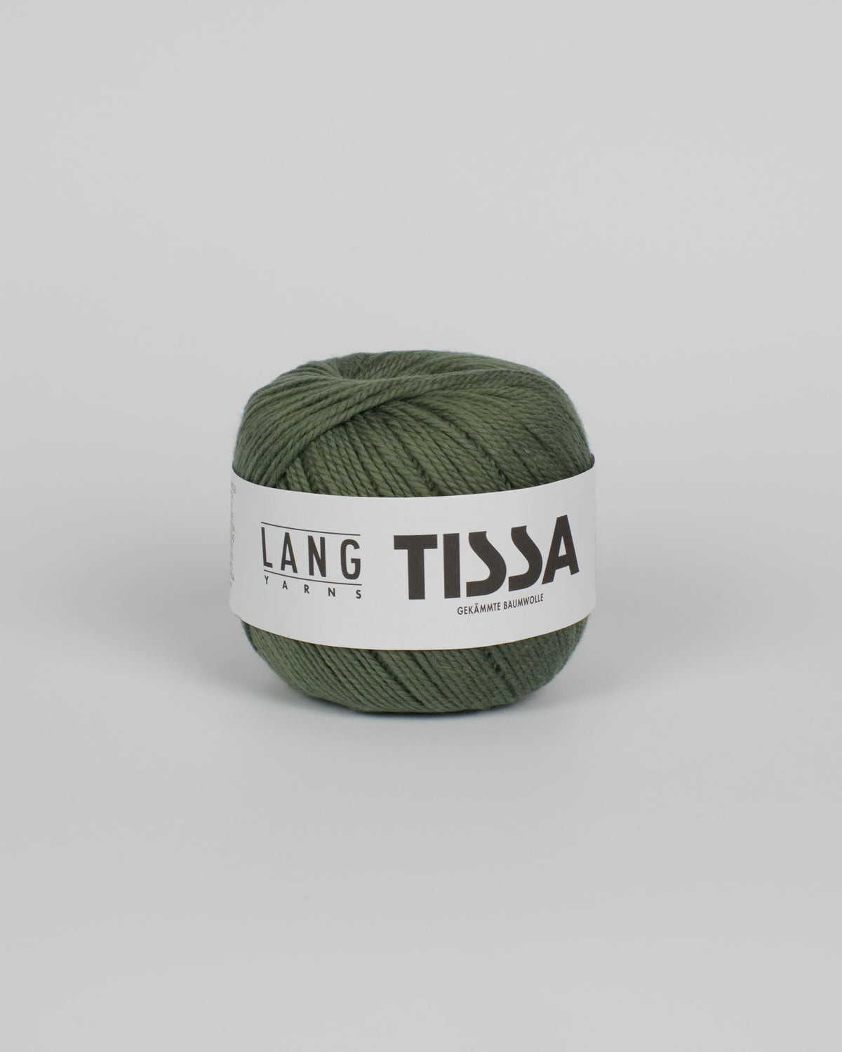 An olive green ball of yarn on a white background